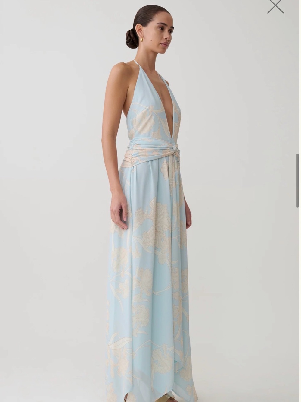 In Bloom Light Blue Halter Maxi Dress with Cream Floral Accents - Picture 2 of 7